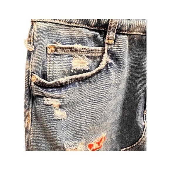 ZARA DENIM HIGH WAISTED FLORAL EMBROIDERED DISTRESSED CUT OFF MINI SKIRT SIZE S - Picture 3 of 7